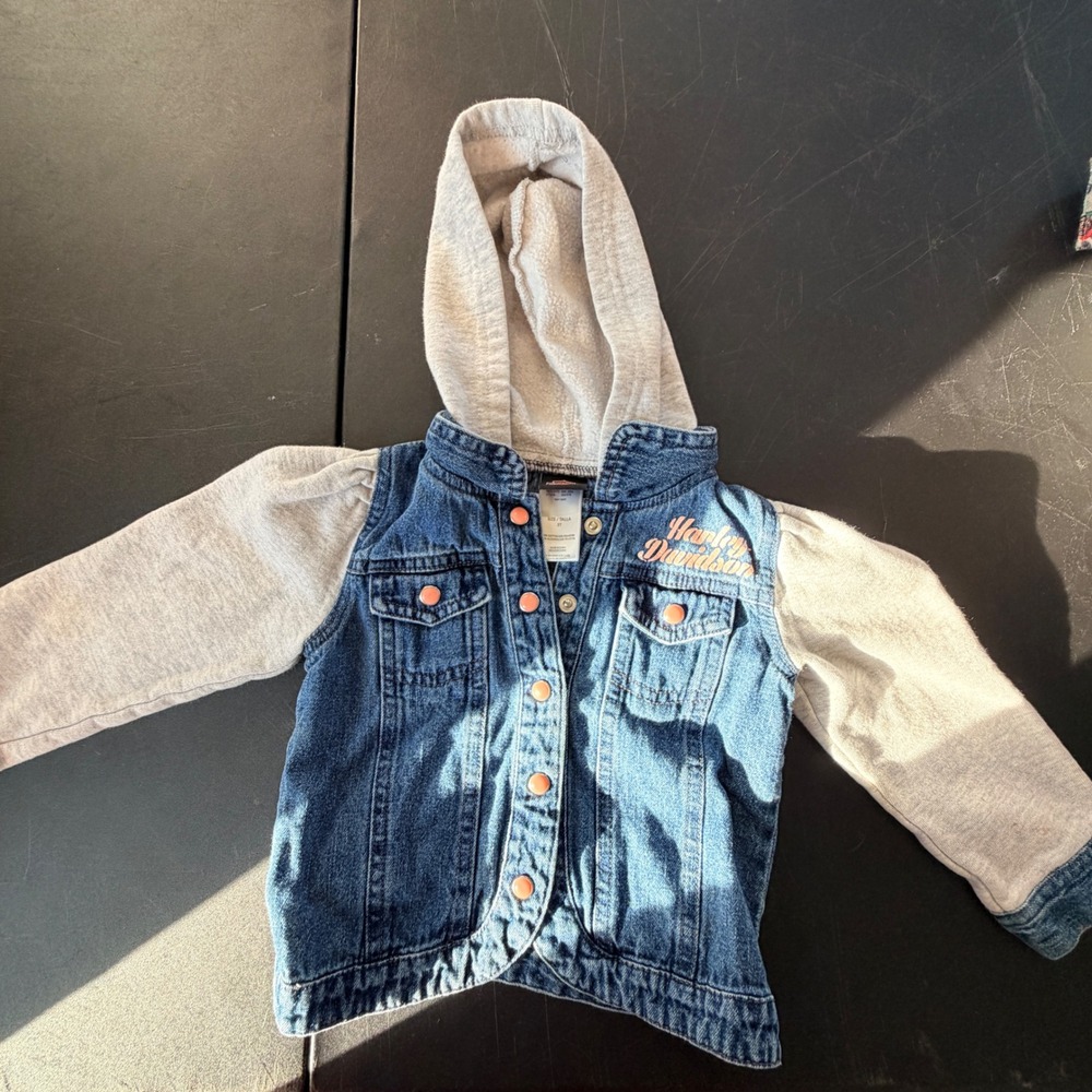 Harley Davidson Denim Hooded Jacket Toddler Girls 3T Mixed Media Biker Indie